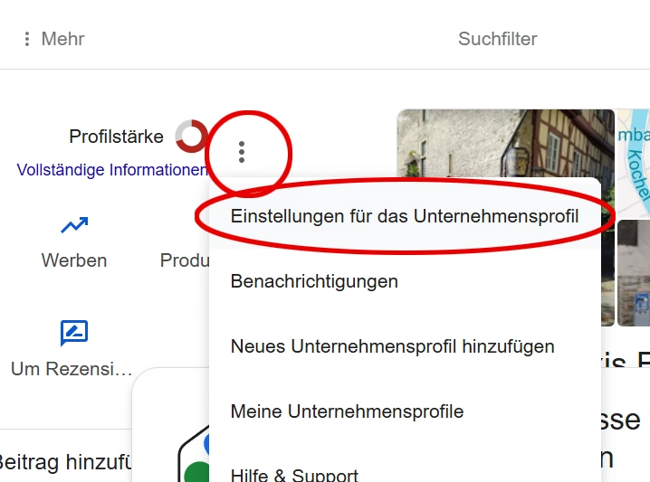Einstellungen für das Unternehmensprofil ändern - Schritt 1
